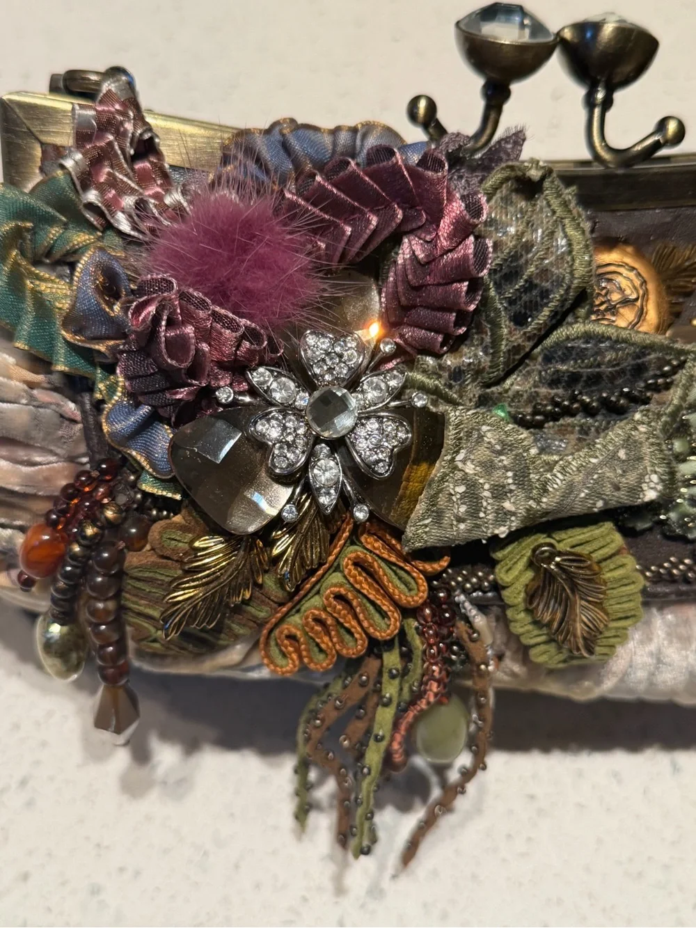Mary Frances Olive Multi Ruffled Beaded Velvet Clutch